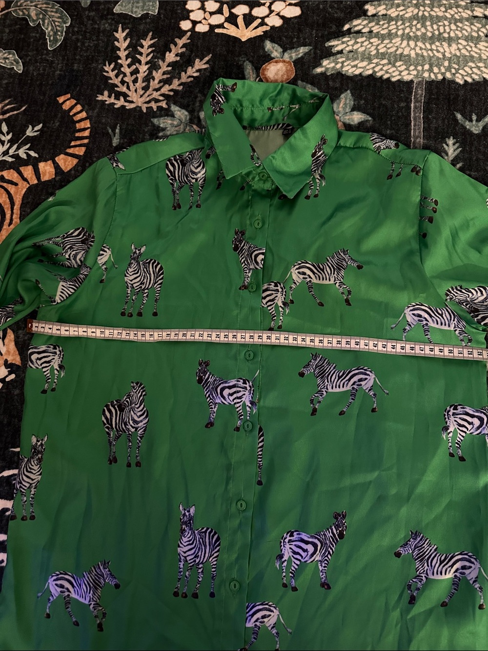 Women's Green Zebra Print Button-Up Blouse - Picture 2 of 3